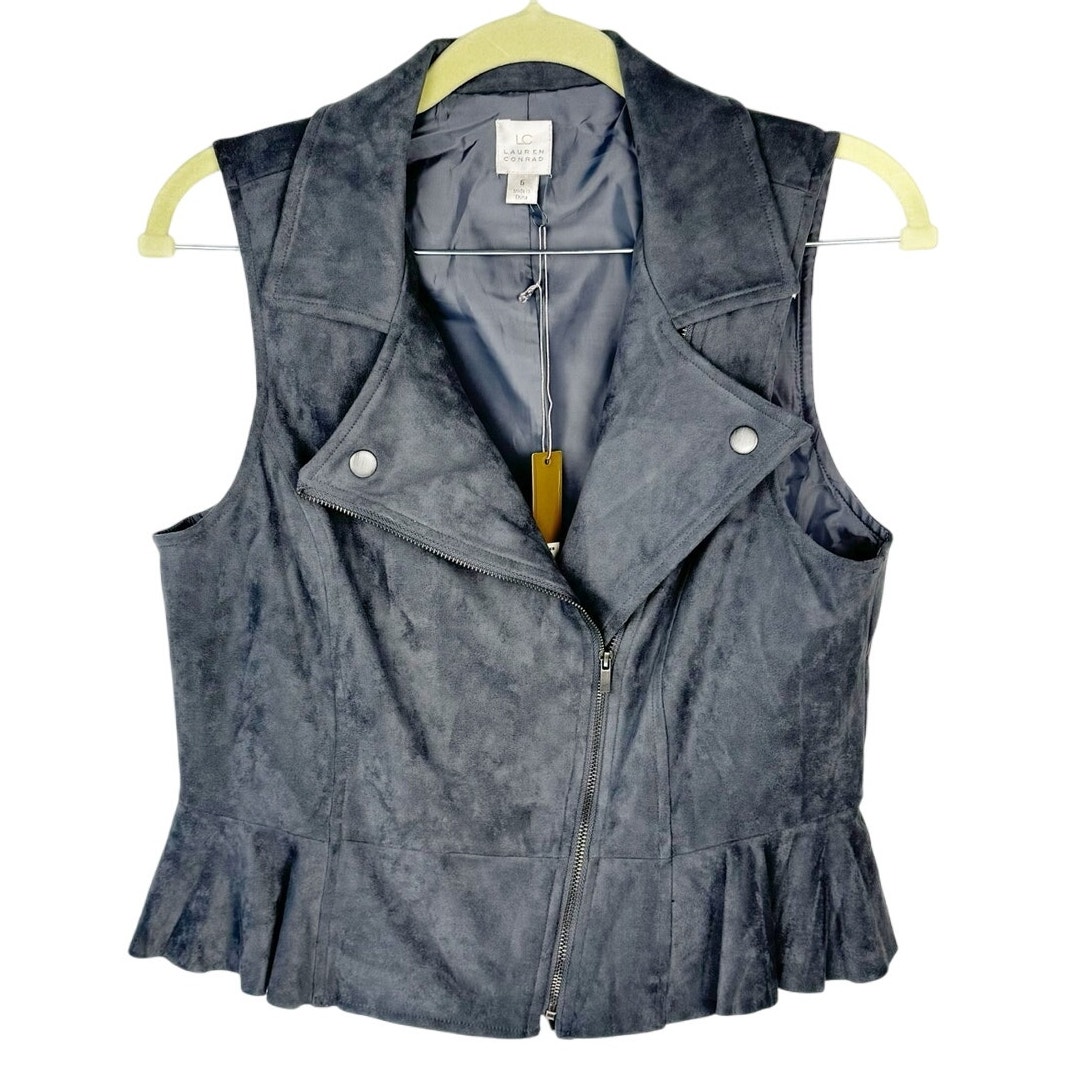 Nwt Lc Lauren Conrad Gray Moto Frill Hem Faux Suede Zip Up Sleeveless Vest Sz 6